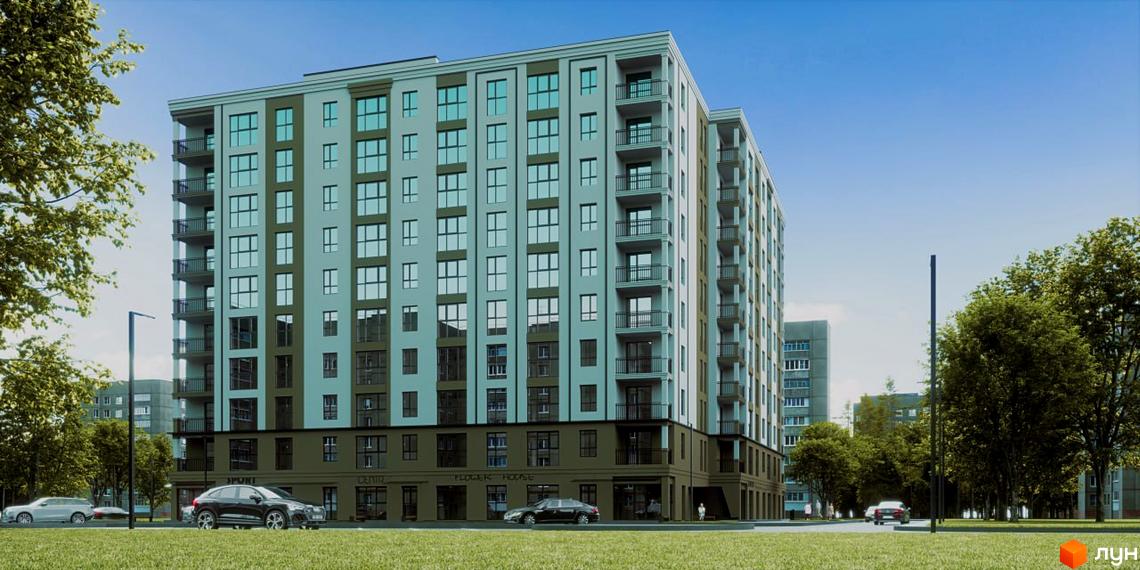 Новобудова ЖК Відродження з балконами та великими вікнами на тлі блакитного неба. Навколо зелена трава та дерева.