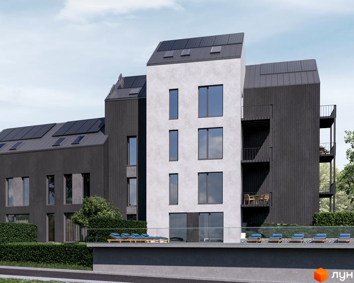 Фасад Житлового комплексу Volytsia Village Spa з білими та темно-сірими секціями, прямокутними вікнами та балконами. На передньому плані зелені насадження та тераса з шезлонгами.