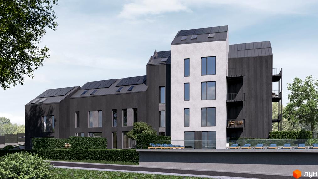 Новобудова Volytsia Village Spa: будівлі з темними фасадами, білою секцією, сонячними панелями. Прибудинкова територія з зеленими насадженнями та басейном.