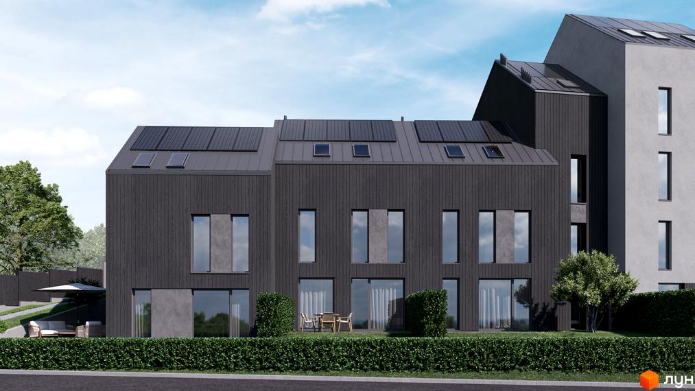 Таунхауси Volytsia Village Spa з темним дерев'яним фасадом та сонячними панелями на даху. На прибудинковій території – зелений газон, кущі та зона відпочинку.