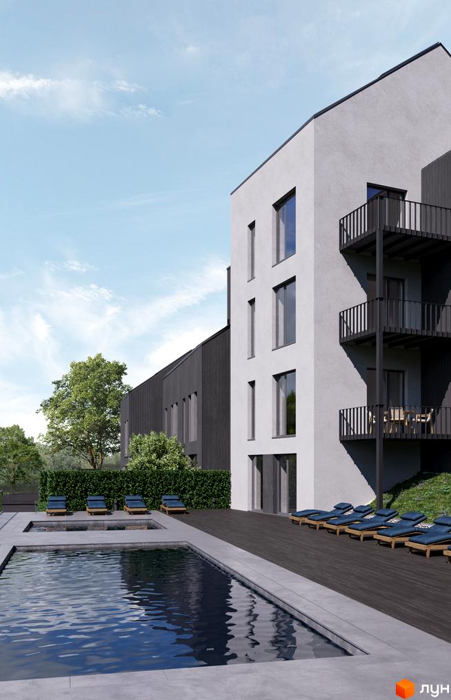 Житловий комплекс Volytsia Village Spa з басейном та шезлонгами. Сучасна архітектура будівель з балконами та великими вікнами.