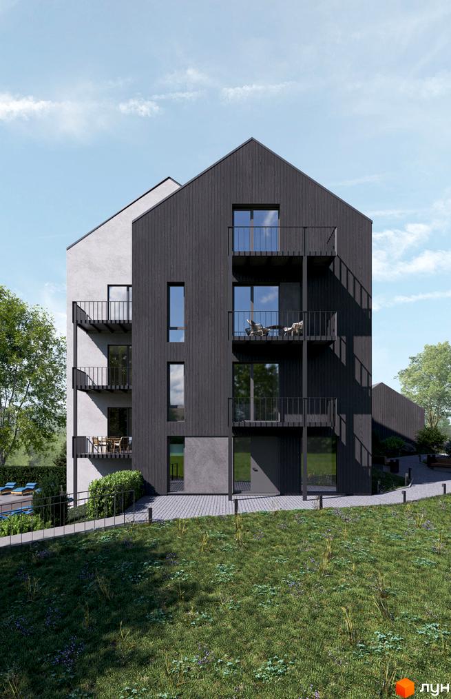 Житловий комплекс Volytsia Village Spa: будинок з двоколірним фасадом (темно-сірий та світлий) та балконами. На передньому плані зелений газон з доріжкою.