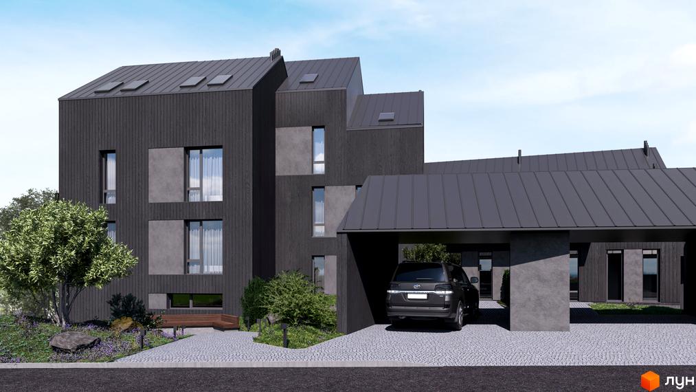 Таунхауси Volytsia Village Spa з темним фасадом та сірими вставками, прибудинкова територія з автомобілем під навісом та озелененням.