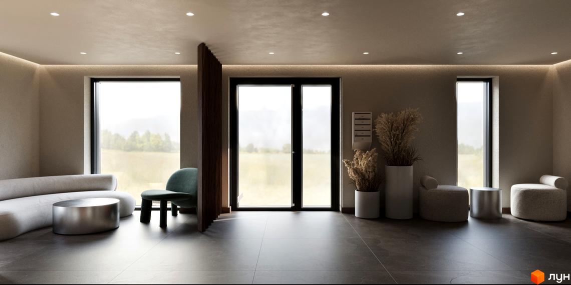 Інтер'єр загальної зони Житлового комплексу Volytsia Village Spa з м'якими меблями, освітленням та панорамними вікнами на ландшафт.