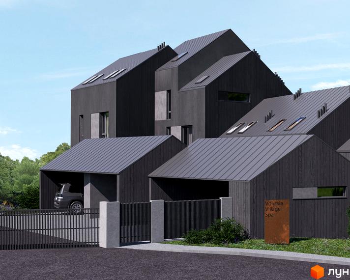 Таунхауси Volytsia Village Spa з темними фасадами та скатними дахами. На території видно огорожу, доріжку та зелені насадження.