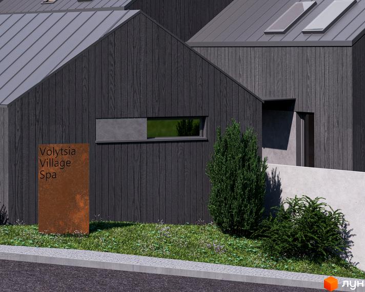 Таунхауси Volytsia Village Spa з темним дерев'яним фасадом та сірим дахом. Навколо зелена галявина з кущами та квітками.