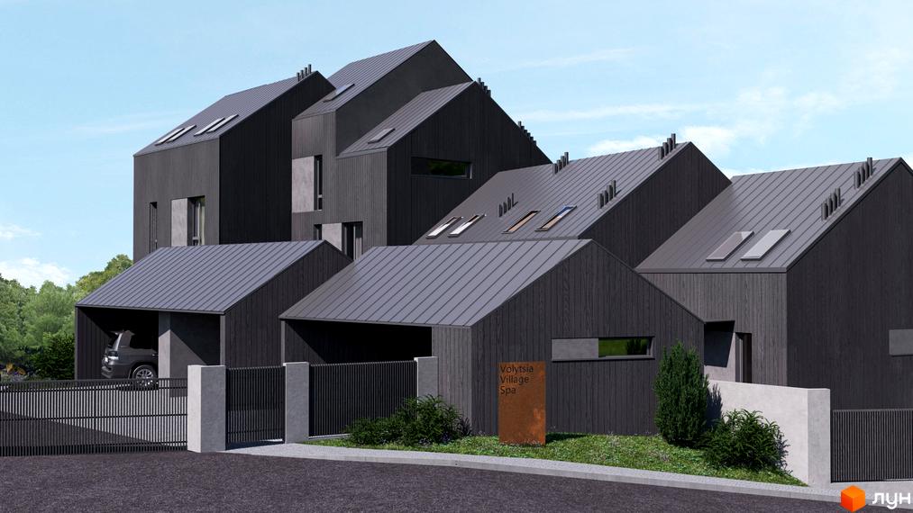 Зовнішній вигляд таунхаусів Volytsia Village Spa з темним фасадом та сірим дахом, прибудинкова територія з парканом та рослинністю.