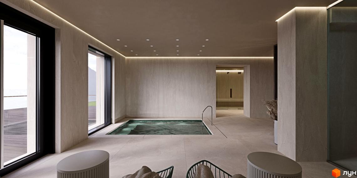 Житловий комплекс Volytsia Village Spa. Інтер'єр спа-зони з басейном та панорамними вікнами.