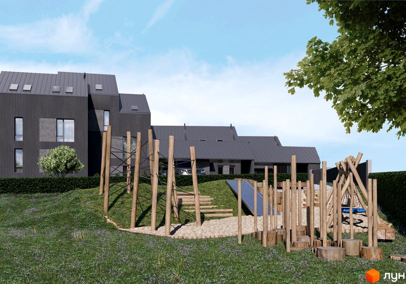 Таунхауси Volytsia Village Spa з сірими фасадами та дитячим майданчиком з дерев'яними конструкціями та гіркою. Прибудинкова територія з зеленню та травою.