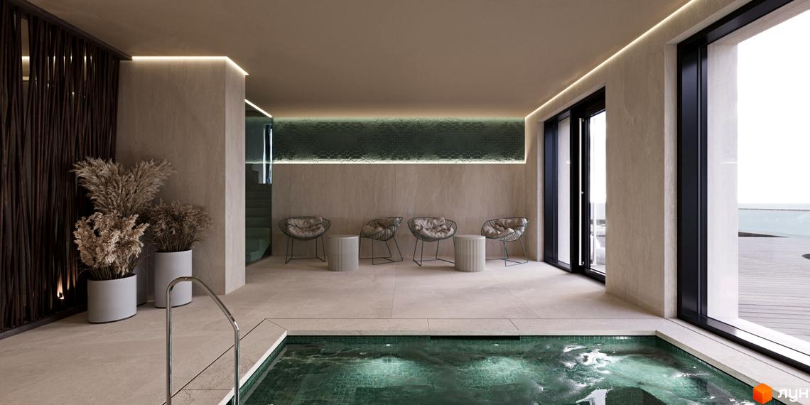 Інтер'єр спа-зони в ЖК Volytsia Village Spa з басейном та зонами відпочинку. Сучасний дизайн з природними матеріалами та підсвіткою.