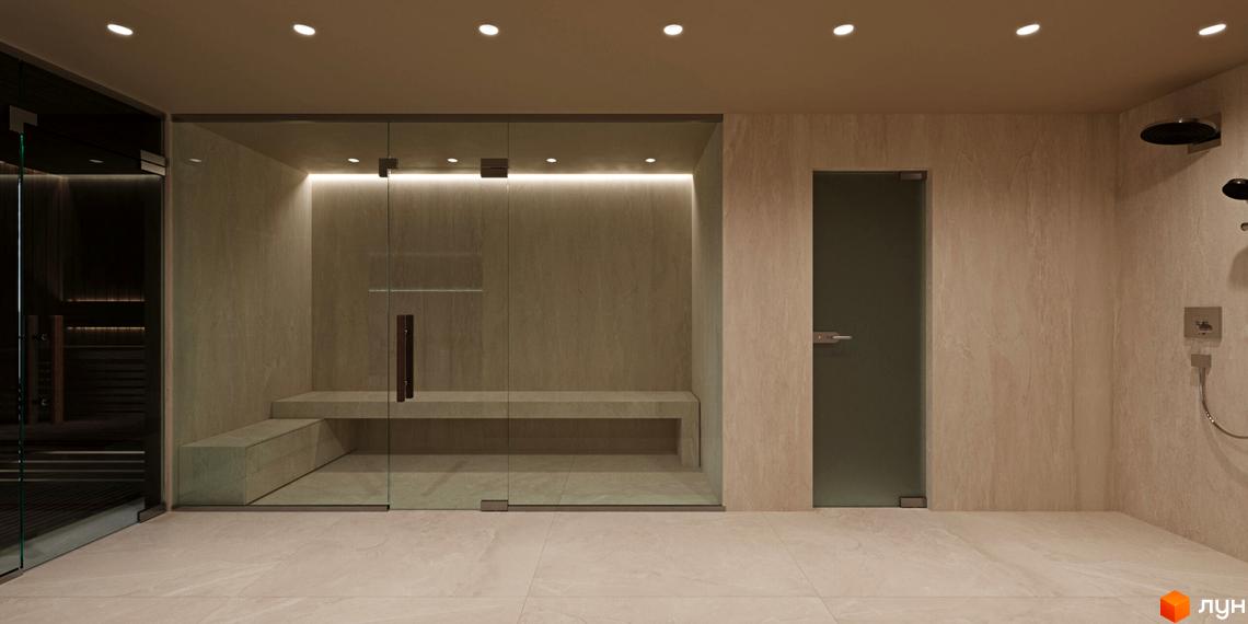 Спа-зона Житлового комплексу Volytsia Village Spa: скляна парна з кам'яними сидіннями та окрема душова.