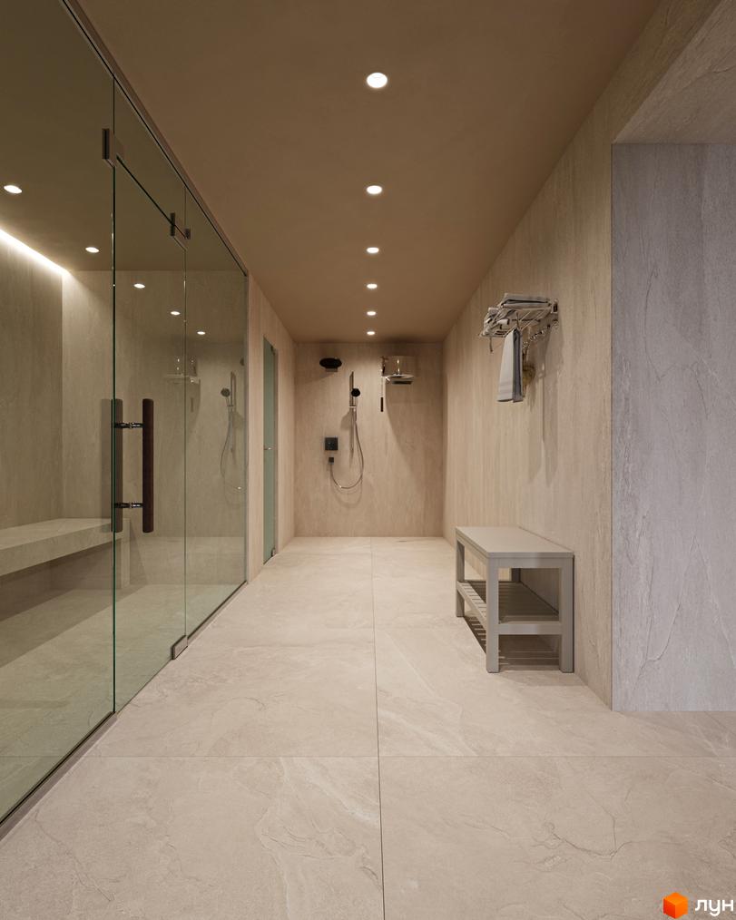 Інтер'єр спа-зони в ЖК Volytsia Village Spa з душовими кабінами, лавкою та аксесуарами. Сучасний дизайн та функціональне планування.
