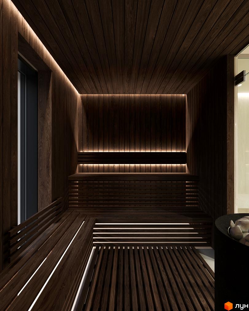 Інтер'єр спа-зони в ЖК Volytsia Village Spa з дерев'яними панелями та підсвіткою. Сучасний дизайн та затишна атмосфера для відпочинку.