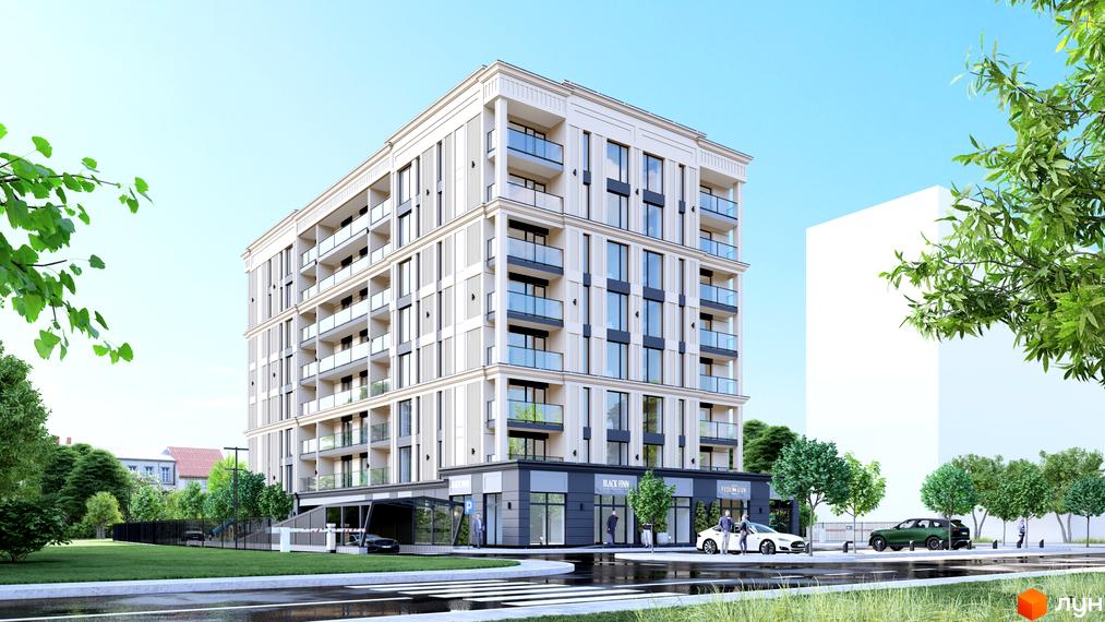 Житловий комплекс Андріївський: багатоповерхова новобудова з балконами та великими вікнами, прибудинкова територія з деревами та дорогою.