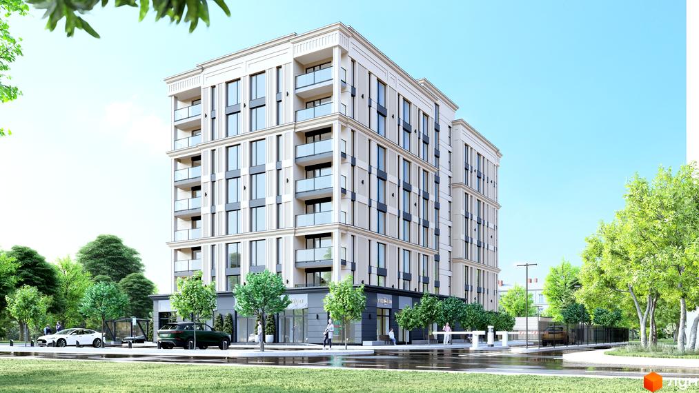 Новобудова ЖК Андріївський з балконами та панорамними вікнами, оточена деревами та з прибудинковою територією.