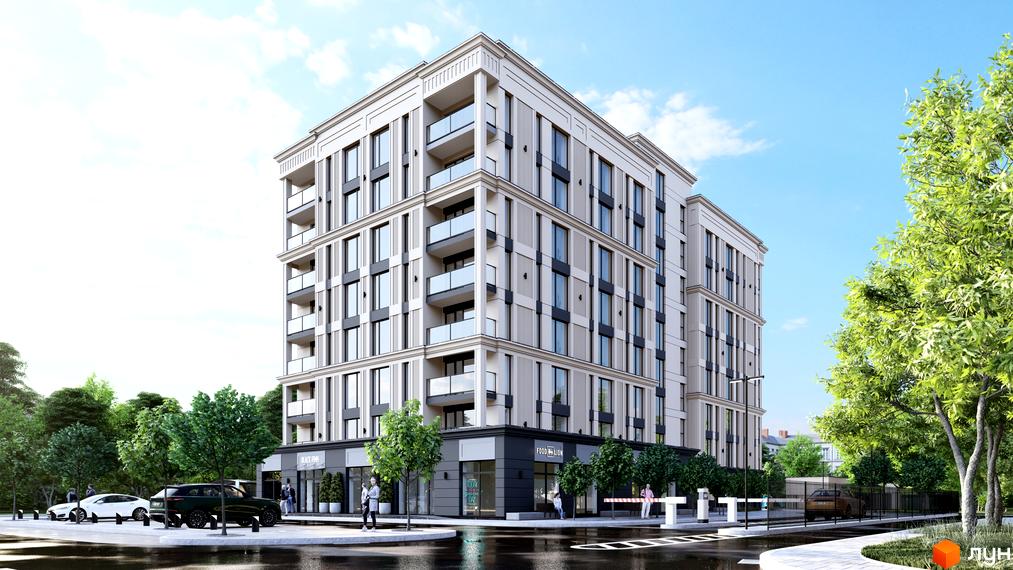 Житловий комплекс Андріївський має світлий фасад з темними акцентами та скляними балконами. Прибудинкова територія озеленена, з дорогою та пішохідною зоною.