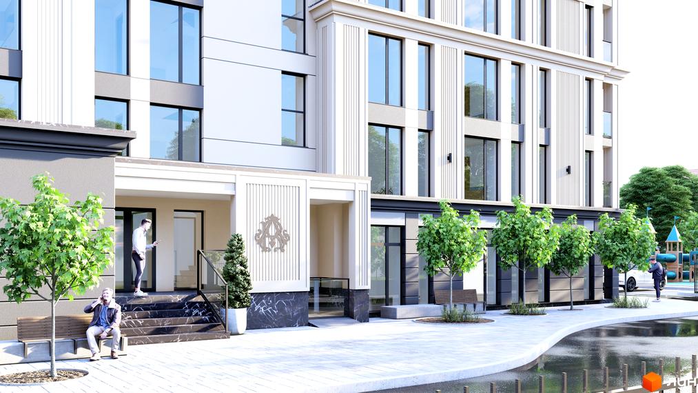 Зовнішній вигляд новобудови ЖК Андріївський з елегантним фасадом та прибудинковою територією з деревами та дитячим майданчиком. Опис будинку та території.