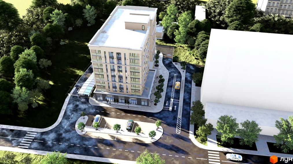 Зовнішній вигляд житлового комплексу Андріївський з парковкою та дорогою. Навколо будинку зелені насадження та дерева.