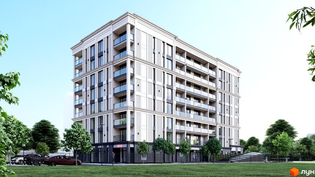 Житловий комплекс Андріївський: багатоповерховий будинок світлого кольору з балконами, оточений зеленим газоном та деревами.