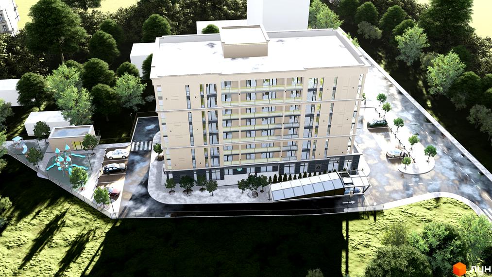 Житловий комплекс Андріївський: багатоповерховий будинок світло-бежевого кольору з балконами та скляними фасадами, поруч дитячий майданчик та парковка.