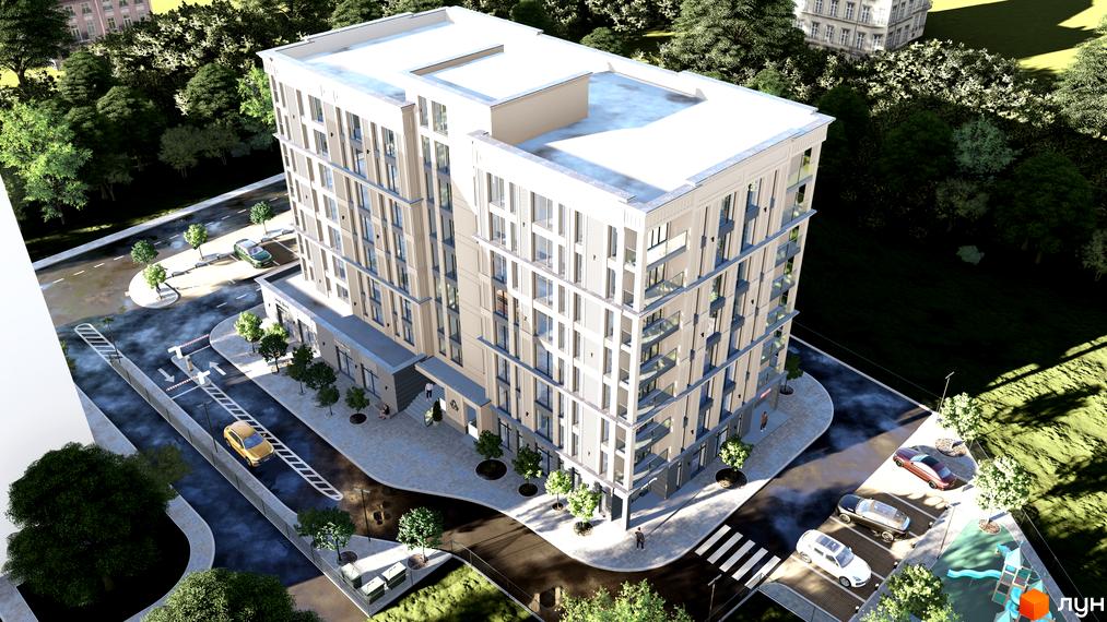 Зовнішній вигляд новобудови ЖК Андріївський з фасадом з вікон та балконів, прибудинкова територія з парковкою та зеленими насадженнями.