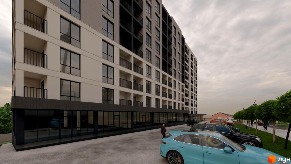 Зовнішній вигляд новобудови ЖК Eco Park Truskavets з балконами та великими вікнами, парковка та зелена зона біля будинку.