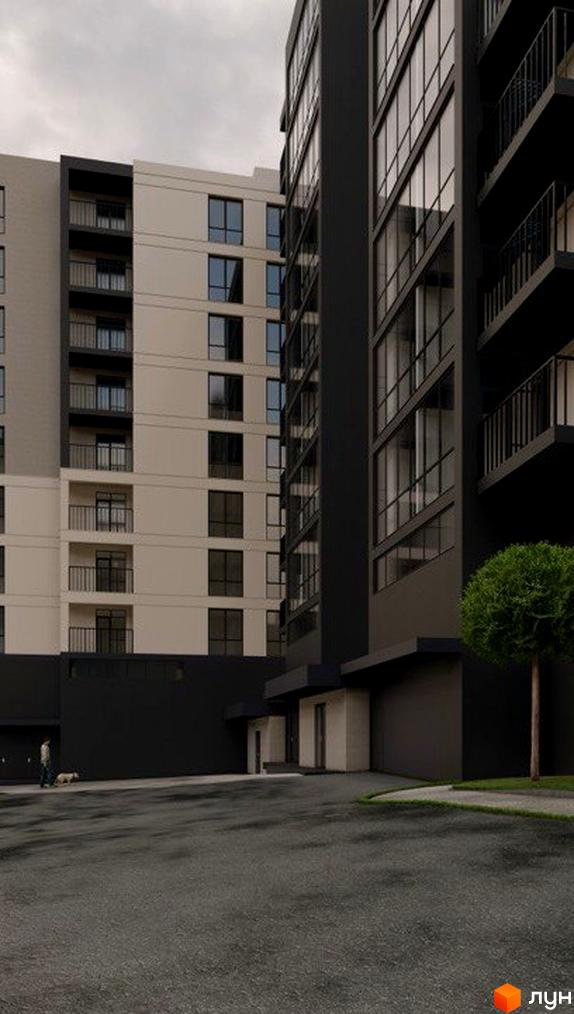 Зовнішній вигляд новобудови ЖК Eco Park Truskavets з темними та світлими фасадами, балконами та великими вікнами. Прибудинкова територія з асфальтованим покриттям та зеленими насадженнями.