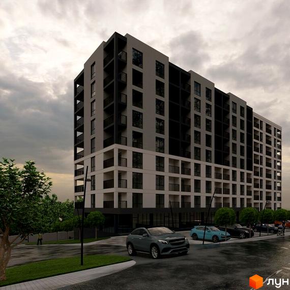 Житловий комплекс Eco Park Truskavets. Зовнішній вигляд багатоповерхового будинку з балконами та паркуванням біля нього.
