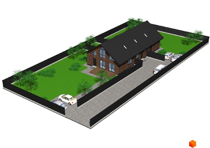 Зображення Котеджного містечка Одноповерховий Київ - Віта Поштова. Будинок з чорним дахом та прибудинкова територія з газоном та деревами.