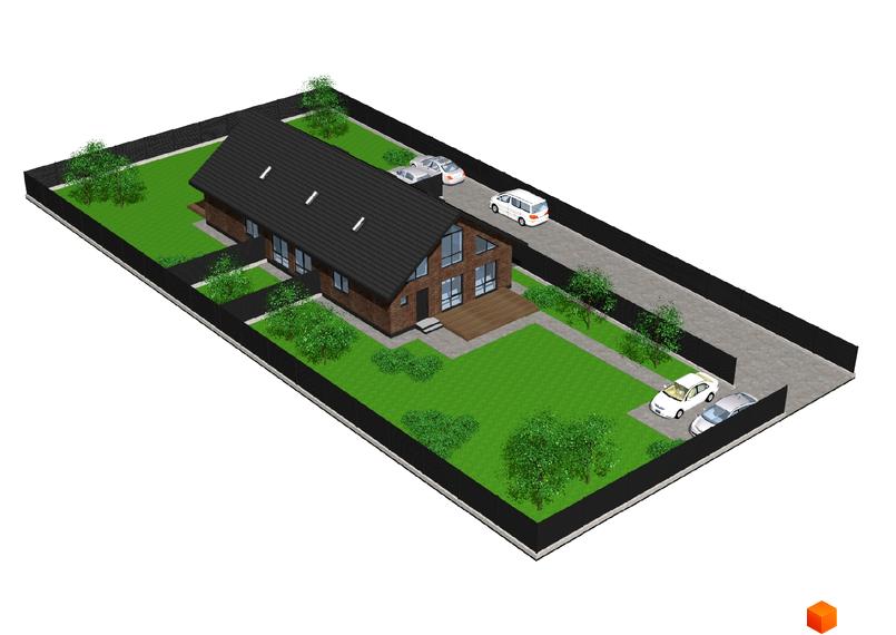 Котеджне містечко Одноповерховий Київ - Віта Поштова: цегляний будинок з темним дахом та великими вікнами, огороджена ділянка з газоном, деревами та парковкою для двох автомобілів.