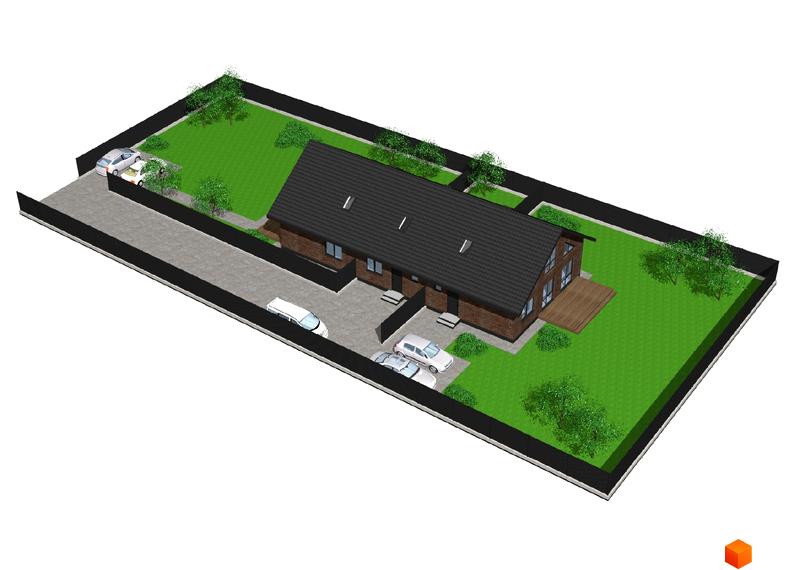 Зображення Котеджного містечка Одноповерховий Київ - Віта Поштова. Вигляд будинку з двосхилим дахом та прибудинковою територією з газоном.