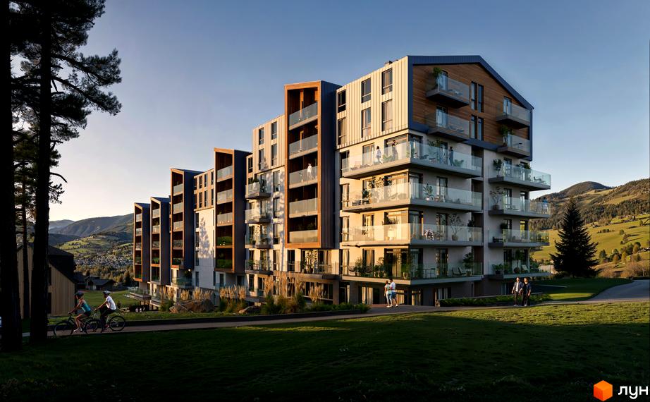 GRONO Family Residence - новобудова з балконами та панорамними вікнами, розташована серед зелених пагорбів. Поруч - доглянута територія з доріжками та деревами.