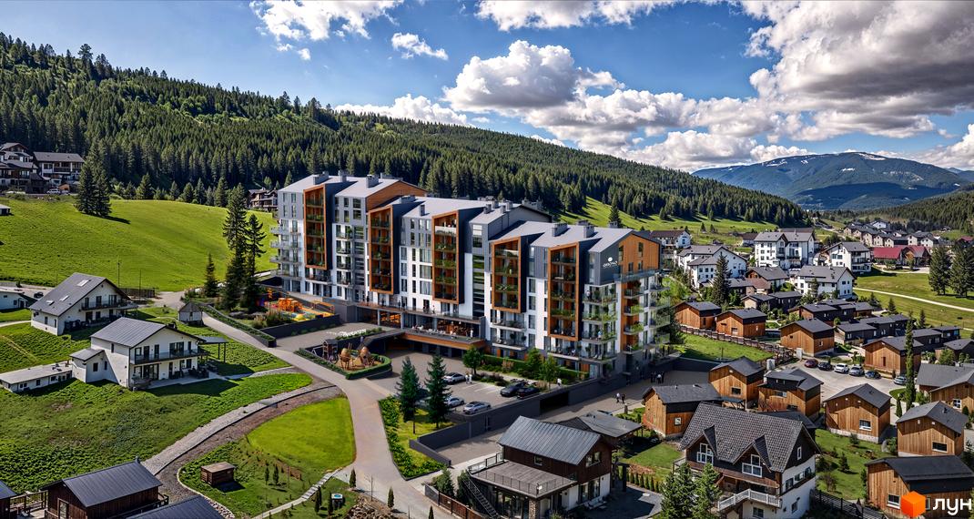 Житловий комплекс GRONO Family Residence з багатоповерховими будинками та дерев'яними котеджами на тлі гірського ландшафту. Територія комплексу озеленена, з дитячим майданчиком та парковкою.