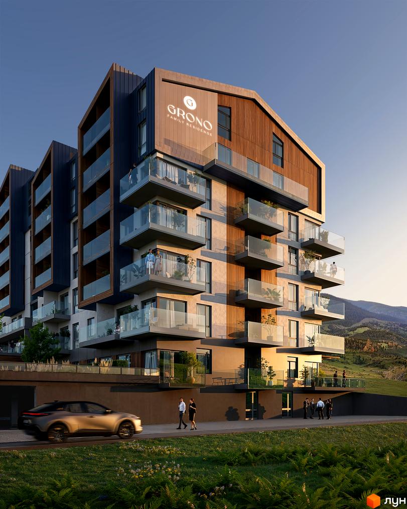 GRONO Family Residence – новобудова з балконами та панорамними вікнами на тлі гір. На прибудинковій території розташовані зелені насадження та доріжка для прогулянок.