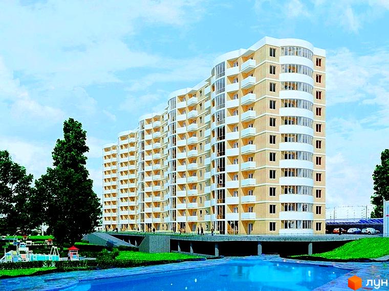 Житловий комплекс Піхтовий - багатоповерхова новобудова з балконами та панорамними вікнами, поруч зелена зона з дитячим майданчиком та водоймою.