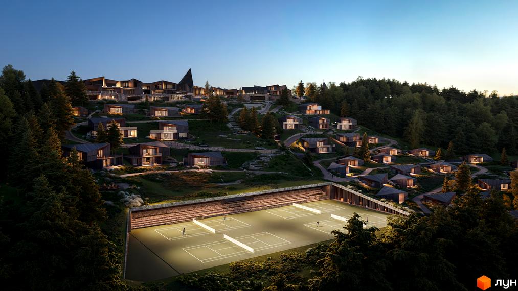 Котеджне містечко Kryla Karpaty by Edem з сучасними будинками на схилі гори та тенісними кортами.