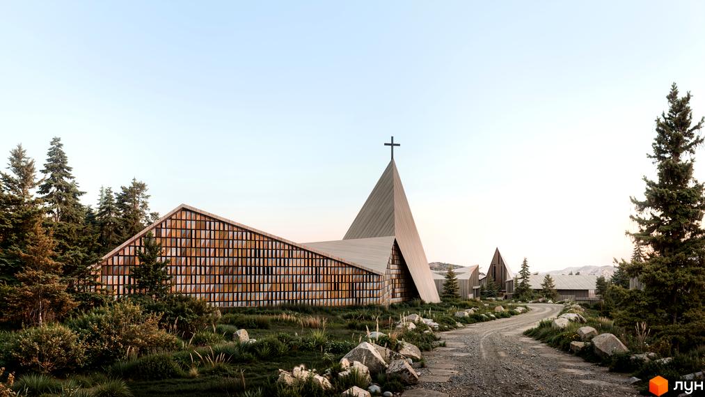 Котеджне містечко Kryla Karpaty by Edem. Будівлі з дерев'яними фасадами та скляними елементами, розташовані серед дерев та гірського ландшафту.