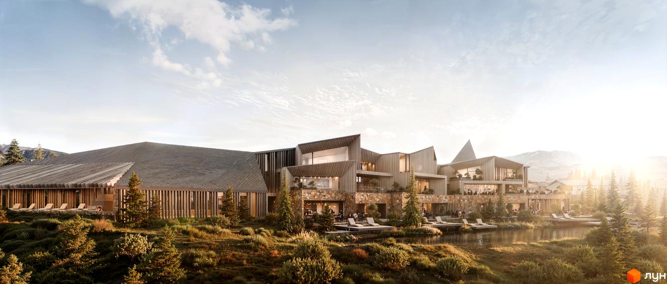 Котеджне містечко Kryla Karpaty by Edem з дерев'яними фасадами та великими вікнами, розташоване біля озера та гір.