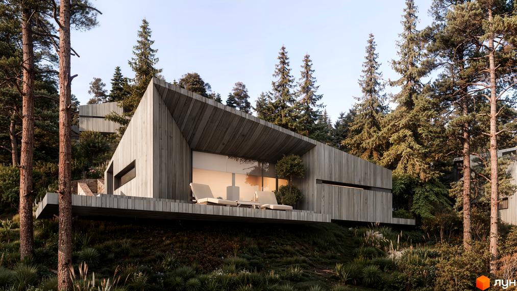 Котеджне містечко КМ Kryla Karpaty by Edem – це сучасний житловий комплекс з дерев'яним фасадом, розташований серед соснового лісу на схилі пагорба.