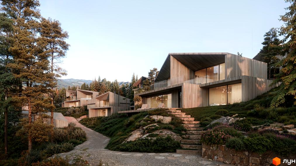 Котеджне містечко Kryla Karpaty by Edem з дерев'яним фасадом, розташоване на схилі гори серед соснового лісу з кам'яними сходами та ландшафтним дизайном.