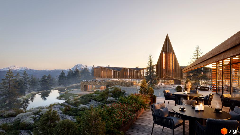 Котеджне містечко Kryla Karpaty by Edem з дерев'яними фасадами та панорамними вікнами, розташоване біля озера та гір. Тераса з вуличними меблями.