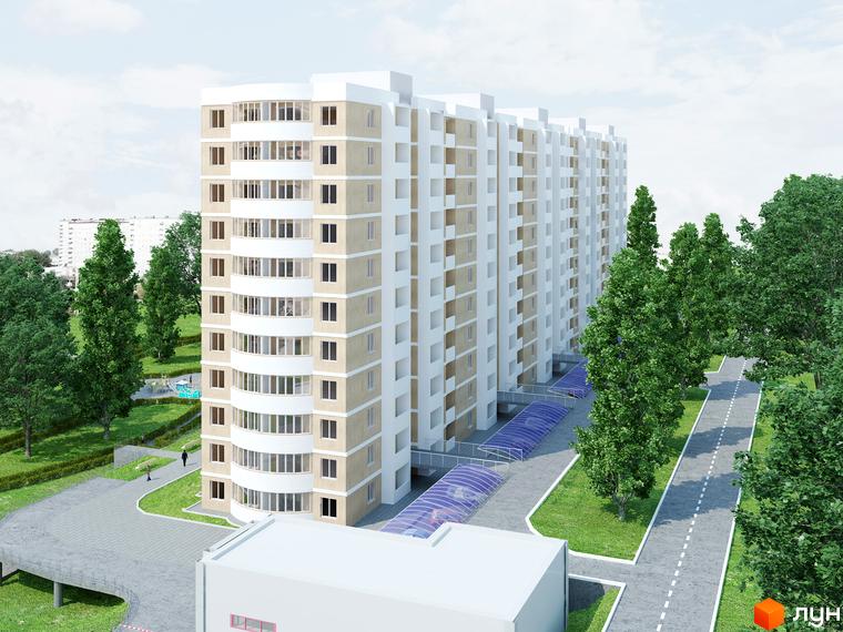 Зовнішній вигляд новобудови ЖК Піхтовий з численними балконами та прибудинковою територією з деревами та дорогою.