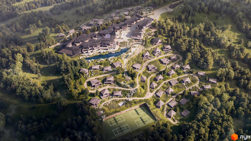 Котеджне містечко Kryla Karpaty by Edem з дерев'яними будинками та зеленими схилами. На території комплексу розташовані тенісні корти та зони відпочинку.