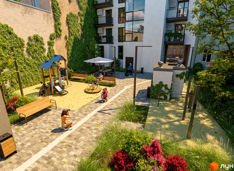 URBAN Residence: сучасний житловий комплекс із зоною відпочинку для дітей та дорослих. На території є дитячий майданчик, лавки та зелені насадження.