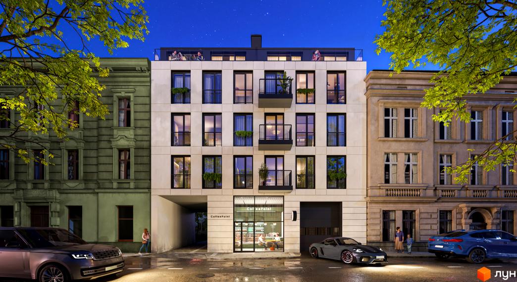 Фасад житлового комплексу URBAN Residence з вікнами, балконами та кав'ярнею на першому поверсі. Поруч розташовані автомобілі та дерева.