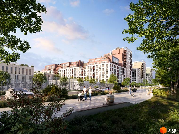 Житловий комплекс Зоряні. Сучасні багатоповерхові будинки з цегляним фасадом та зеленою прибудинковою територією з пішохідними доріжками та місцями для відпочинку.