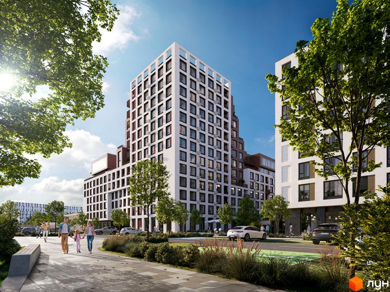 Зовнішній вигляд новобудови ЖК Зоряні з білою фасадною системою та коричневими елементами. На прибудинковій території розташовані дерева та пішохідна зона з людьми.