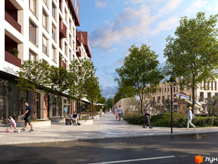 Зовнішній вигляд житлового комплексу Зоряні з фасадами білого кольору та балконами, що виступають. Прибудинкова територія з пішохідними доріжками, деревами та дитячим майданчиком.