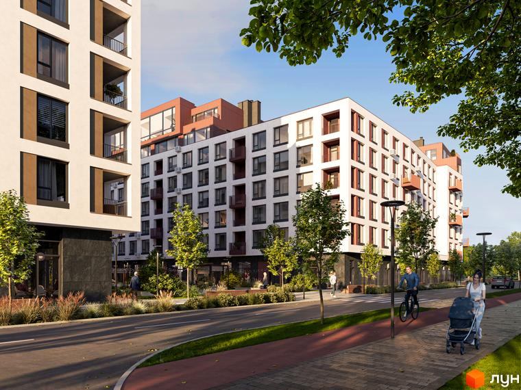 Зовнішній вигляд багатоповерхових будинків житлового комплексу Зоряні з балконами та великими вікнами. На прибудинковій території розташовані дерева, тротуар та дорога.