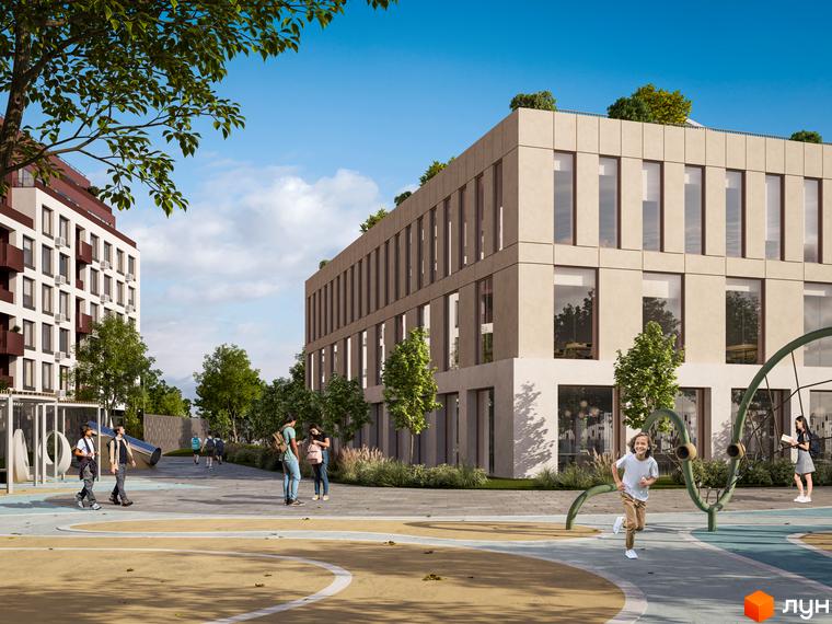 Житловий комплекс Зоряні: фасади будинків з великими вікнами та зелена прибудинкова територія з дитячим майданчиком. Відкрийте для себе комфортне життя в новобудові.